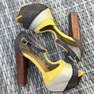 See by Chloé Colorblock Suede & Canvas Peep-Toe Platform Heels – Size EU 38/US 7